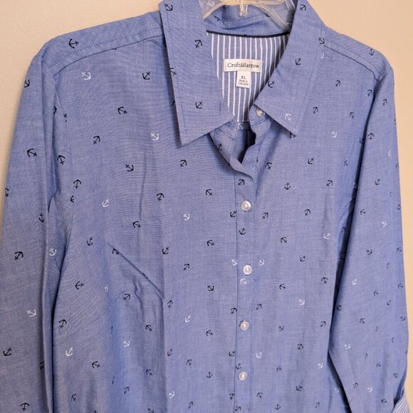 NWT Croft & Barrow chambray blouse XL button up anchor print striped cuffs - Picture 2 of 11
